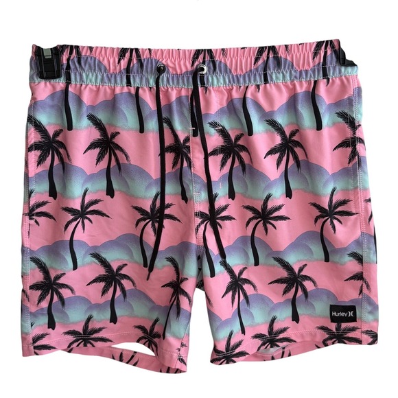 Hurley Other - Hurley Tropical Palm Tree Print Swim Trunks Pink Blue Men's Small Vacation Beach